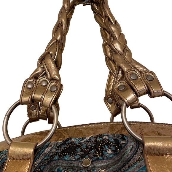 Womens Hand Bag Purse STUDDED EMBELLISHED Gems Embroidered Paisley Print Braided - Picture 10 of 14